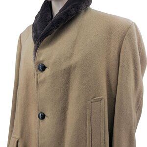 Vintage H.I.S Mens Camel Coat With Faux Fur Lining & Shawl Collar Button Closure